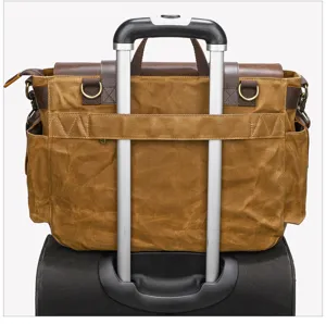 Durable vintage canvas messenger bag for men, perfect travel briefcase with luggage strap.