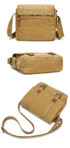 Canvas messenger bag detail view showing durable fabric, metal hardware, and adjustable strap.