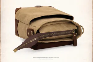 Men retro canvas messenger bag casual crossbody shoulder bag with leather trim and zippers