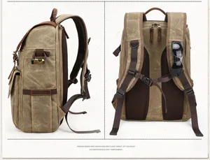 Vintage canvas camera backpack with multi-functional pockets for outdoor travel photography.