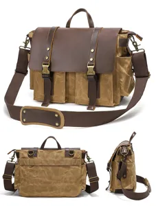Durable canvas messenger bag shoulder strap and multi pocket detail view for men daily use.