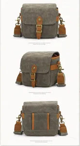 Borsa per fotocamera DSLR in tela vintage con dettagli in pelle, vista multi-angolare, impermeabile.