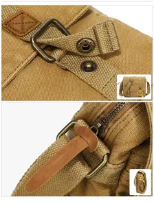 Men canvas messenger bag detail close up showing vintage brass hardware and durable fabric