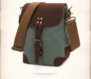 Vintage canvas messenger bag detail, brown leather flap, durable shoulder strap, brass hardware.