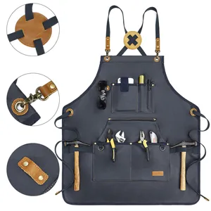 Heavy duty canvas tool apron with leather straps and multiple utility pockets for gardening.