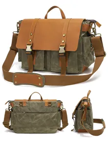 Detailed view of canvas messenger bag showcasing durable stitching, pockets, and hardware.