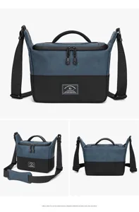 Dettagli della borsa a tracolla per fotocamera in pelle PU blu nera con cinghia e zip.