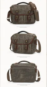 Retro canvas messenger bag with durable leather trim, brass hardware, and top handle details.