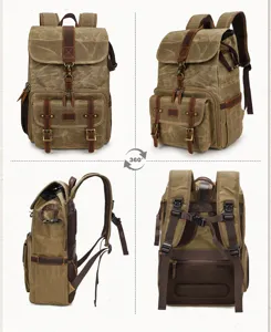 Gedetailleerde meervoudige hoekweergaven van vintage canvas camera- en laptoprugzak.