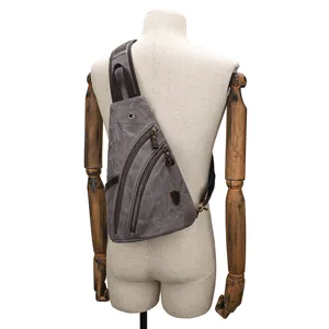Vintage canvas sling bag for men casual crossbody chest backpack multi-pocket shoulder pack