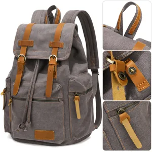 Vintage grauer Segeltuch Rucksack mit grossem Fassungsvermoegen fuer Laptop und Schule.