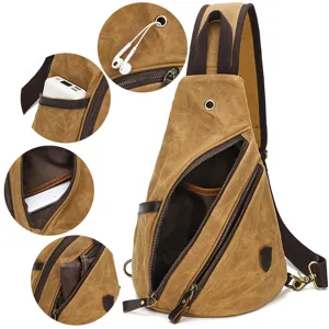 Vintage canvas sling bag for men multi-function shoulder chest backpack casual brown daypack