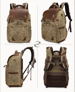 Vintage canvas leather camera backpack, multi-angle outdoor retro rucksack for laptop SLR.