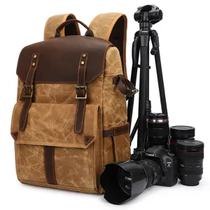 Vintage Waterproof Waxed Canvas DSLR Camera Backpack Large Capacity Travel Hiking Laptop Rucksack Bag