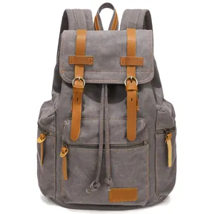 Vintage Canvas Rucksack mit Ledergurten, große Retro-Laptop-Tasche für Herren und Studenten.