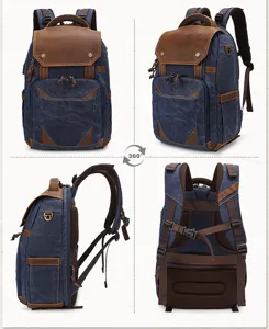 Vintage canvas leather camera backpack, multi-angle detail view, ideal for outdoor photography.