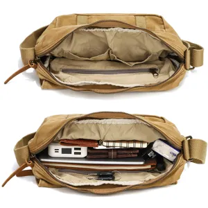 Men's canvas messenger bag casual crossbody shoulder bag with multi-pockets large capacity khaki