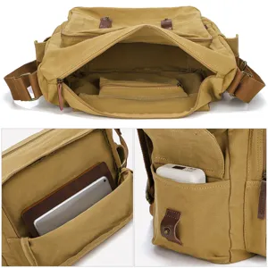 Khaki Segeltuch Umhängetasche, lässige DSLR Kamera Schultertasche mit vielen Fächern für Outdoor.