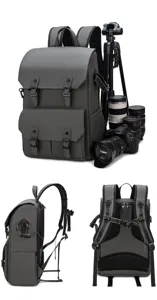 Waterproof camera backpack large capacity grey photography daypack with multiple compartments
