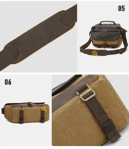 Canvas DSLR Kameratasche Detailansicht mit Schultergurt, Metallbeschlägen und robuster Qualität.