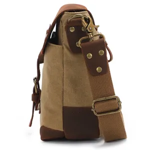 Men casual canvas shoulder messenger bag vintage crossbody bag with leather trim side view