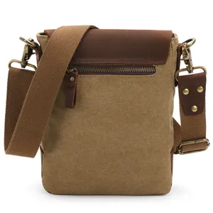Men canvas shoulder bag retro messenger bag casual outdoor crossbody bag with leather trim.