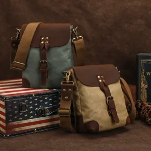 Men vintage canvas messenger bag casual retro shoulder crossbody bag for outdoor travel daily use