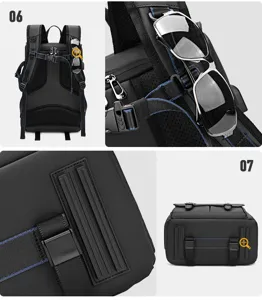 Camera backpack detail view showing sunglasses strap mount and wear-resistant base.