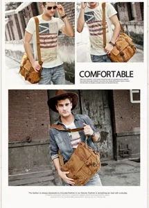 Canvas messenger bag detail showing retro design, durable straps and spacious interior.