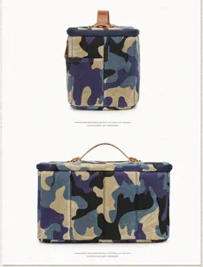Waterproof canvas camera insert bag with camouflage print and leather handle for photography.