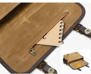 Detail view of men's canvas camera insert bag shoulder messenger bag with zipper pocket.