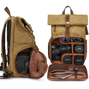Wasserdichter gewachster Segeltuch Kamera Rucksack mit gepolsterten Fächern für DSLR.