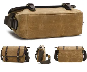 Canvas messenger camera bag detail view, retro single shoulder photography bag for men.