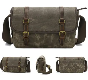 Vintage canvas camera bag for men, waterproof messenger shoulder bag for dslr lenses, brown.