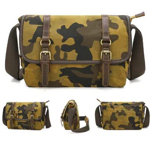 Camouflage canvas messenger bag, casual single shoulder DSLR camera bag with leather straps.