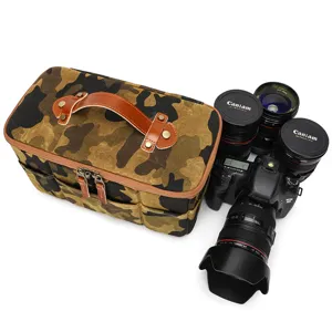 Waterproof canvas DSLR camera storage bag, vintage camo photography handbag with leather handle.