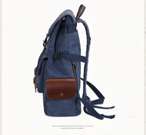 Zaino in tela da uomo casual vintage borsa da scuola resistente con tasche in vera pelle