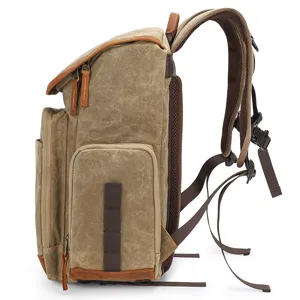 Vintage Canvas Kamera Rucksack mit Lederbesatz, grosse Kapazitaet fuer DSLR und Outdoor.