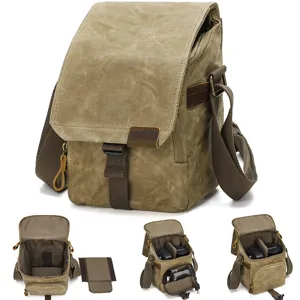 Sac Bandoulière Rétro Imperméable en Toile pour Hommes Sac Appareil Photo Multifonction Sac Messager Décontracté pour Photographie