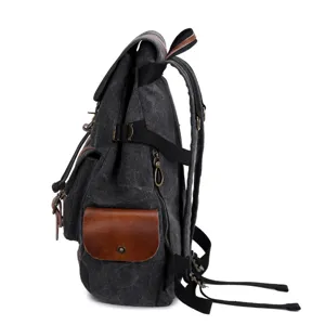 Zaino vintage in tela da uomo, borsa casual per viaggi con dettagli in pelle marrone.