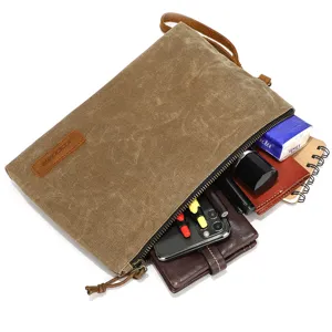 Retro waxed canvas mens clutch bag vintage casual multi-function storage pouch purse main
