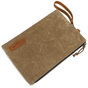Retro waxed canvas men's clutch bag with wrist strap, portable casual storage organizer bag.
