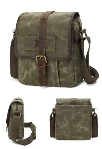 Men's vintage canvas crossbody shoulder bag, multi-angle detail view showing retro messenger design.