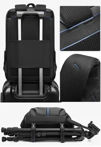 Kamerarucksack Detail mit Kofferband, atmungsaktiver Netzschulterpolsterung und Stativhalter.