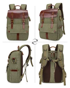 Detailansicht des Vintage Canvas DSLR Kamera-Rucksacks aus mehreren Blickwinkeln.