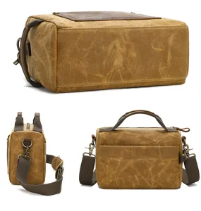 Vintage waxed canvas men messenger bag, casual small shoulder handbag with leather trim.