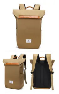 Detailed view of casual waterproof oxford fabric laptop backpack with leather trim details.