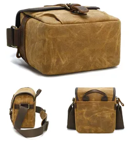 Vintage canvas DSLR camera bag multi-angle view showing leather trim and strap detail