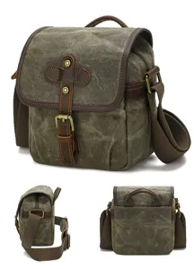 Retro canvas DSLR camera bag shoulder crossbody photography bag with leather details multi-angle