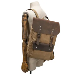 Vintage canvas and leather backpack for men and women large capacity laptop travel school bag